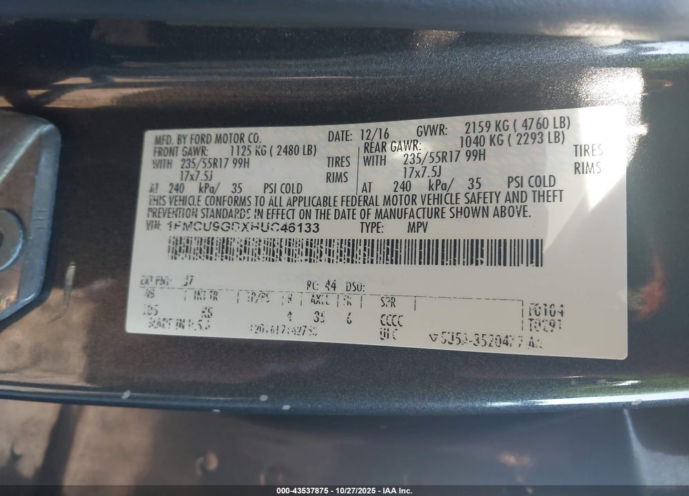 2017 FORD ESCAPE SE VIN: 1FMCU9GDXHUC46133