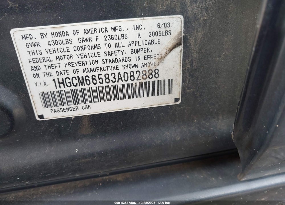 2003 HONDA ACCORD 3.0 EX VIN: 1HGCM66583A082888