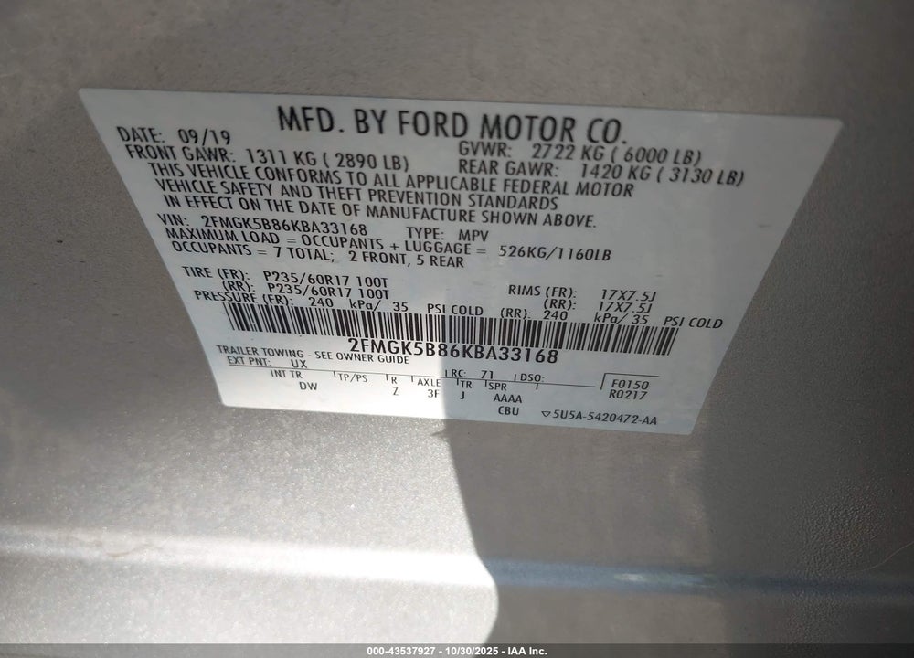 2019 FORD FLEX VIN: 2FMGK5B86KBA33168