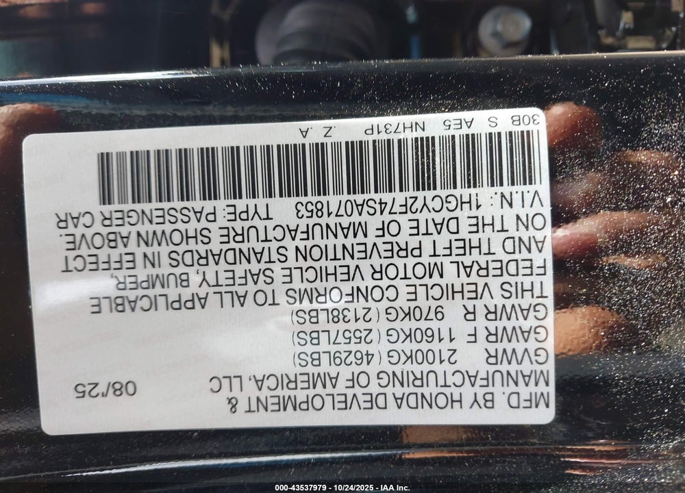 2025 HONDA ACCORD HYBRID SPORT-L VIN: 1HGCY2F74SA071853
