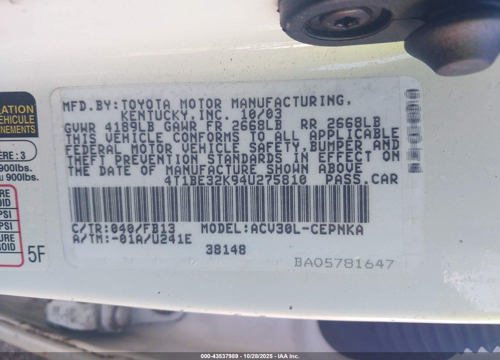 2004 TOYOTA CAMRY LE VIN: 4T1BE32K94U275810