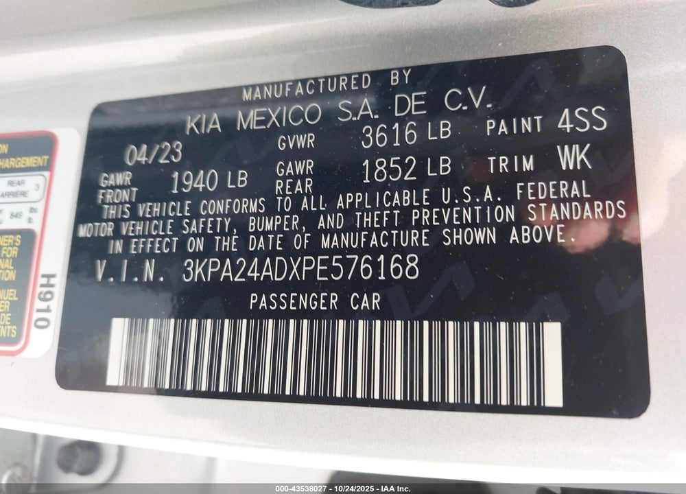2023 KIA RIO S VIN: 3KPA24ADXPE576168