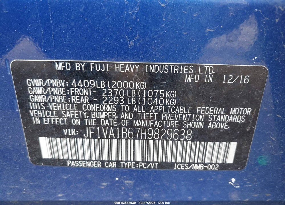 2017 SUBARU WRX VIN: JF1VA1B67H9829638