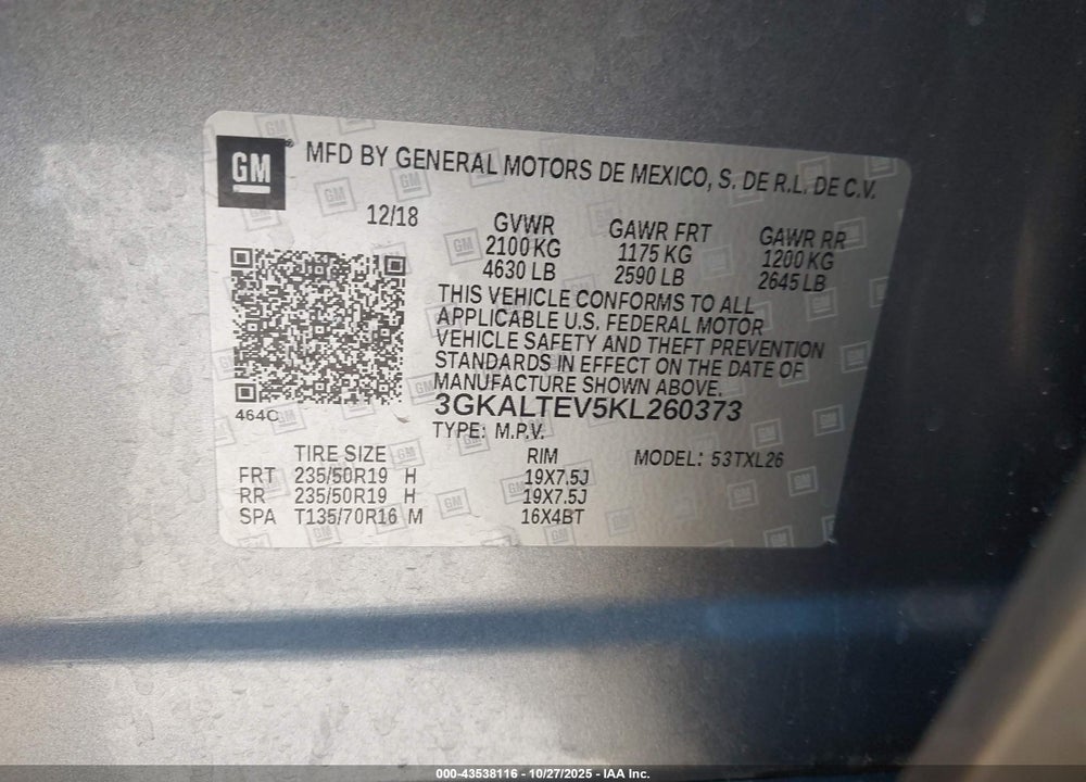 2019 GMC TERRAIN VIN: 3GKALTEV5KL260373
