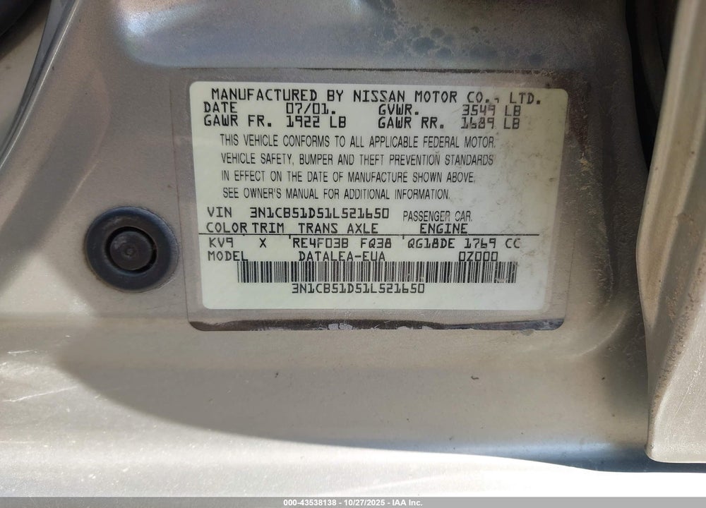 2001 NISSAN SENTRA GXE VIN: 3N1CB51D51L521650