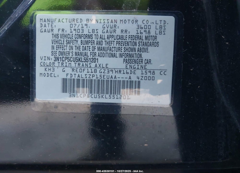 2019 NISSAN KICKS VIN: 3N1CP5CU5KL551201