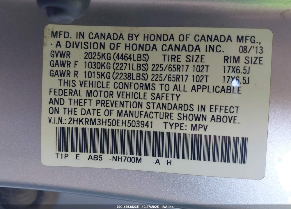 2014 HONDA CR-V EX VIN: 2HKRM3H50EH503941