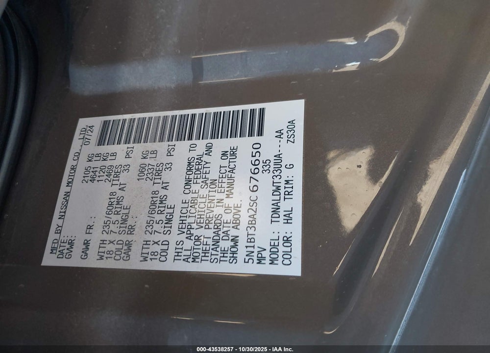 2025 NISSAN ROGUE SV FWD VIN: 5N1BT3BA2SC676650
