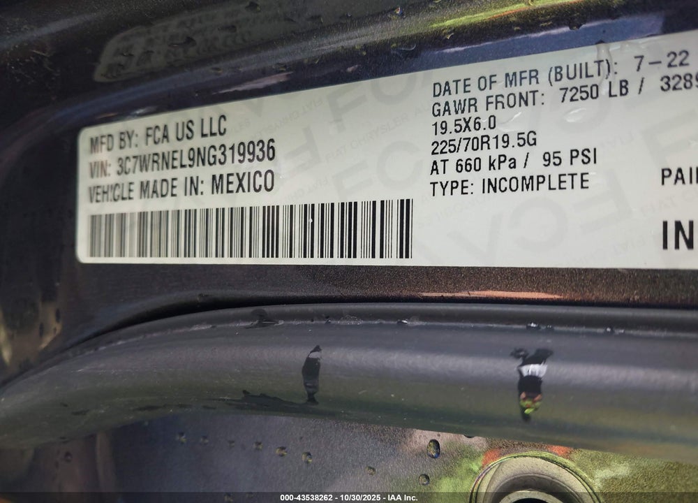 2022 RAM 5500 CHASSIS TRADESMAN/SLT/LAIE/LIMITED VIN: 3C7WRNEL9NG319936