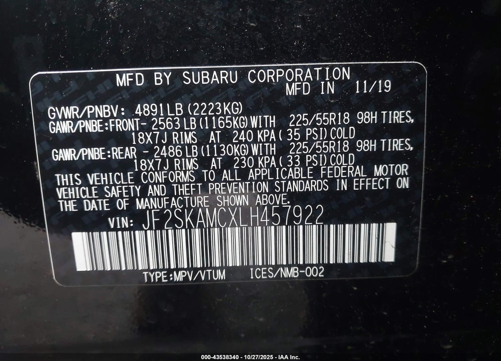 2020 SUBARU FORESTER SPORT VIN: JF2SKAMCXLH457922