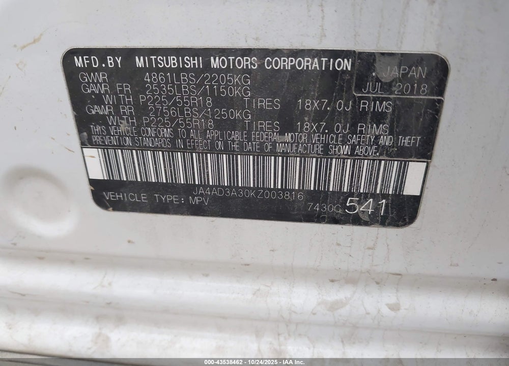 2019 MITSUBISHI OUTLANDER SE VIN: JA4AD3A30KZ003816