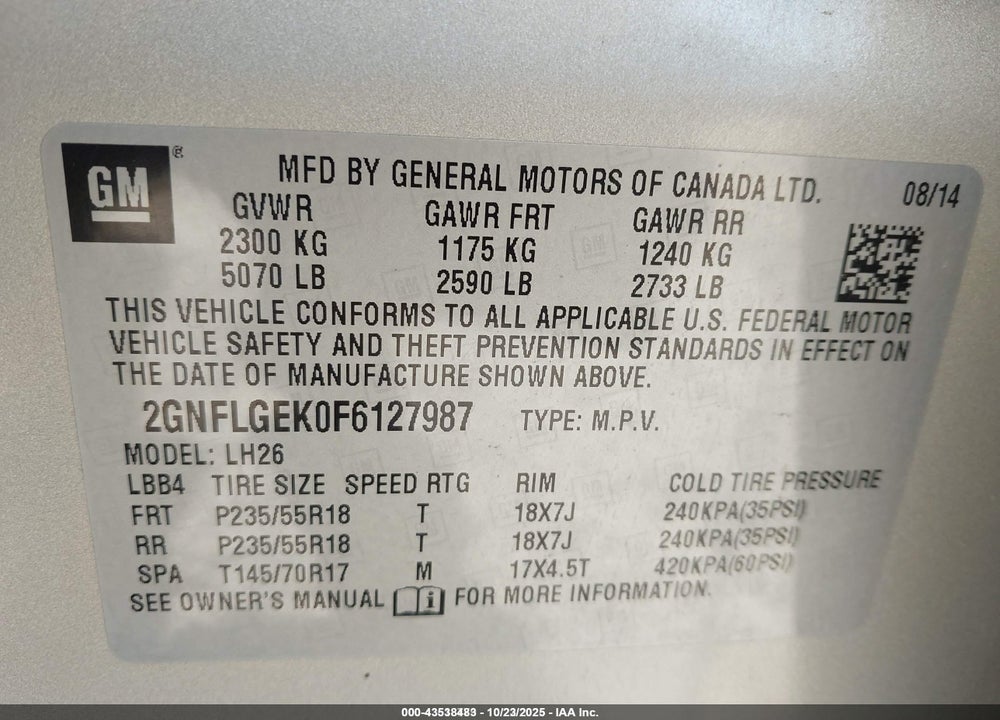 2015 CHEVROLET EQUINOX 2LT VIN: 2GNFLGEK0F6127987