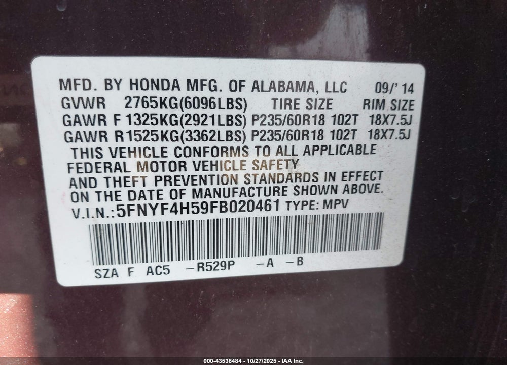 2015 HONDA PILOT VIN: 5FNYF4H59FB020461
