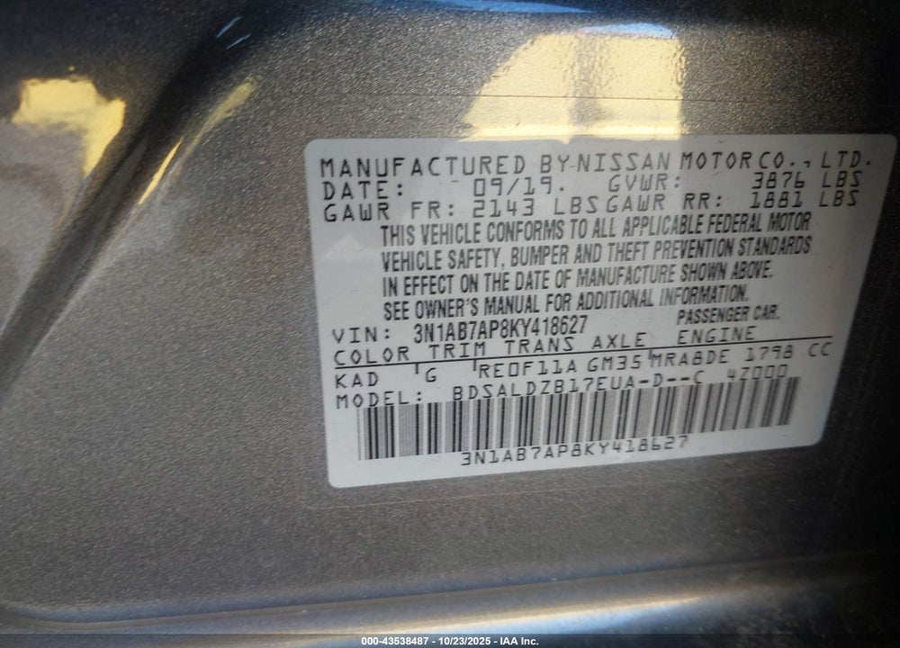 2019 NISSAN SENTRA SV VIN: 3N1AB7AP8KY418627
