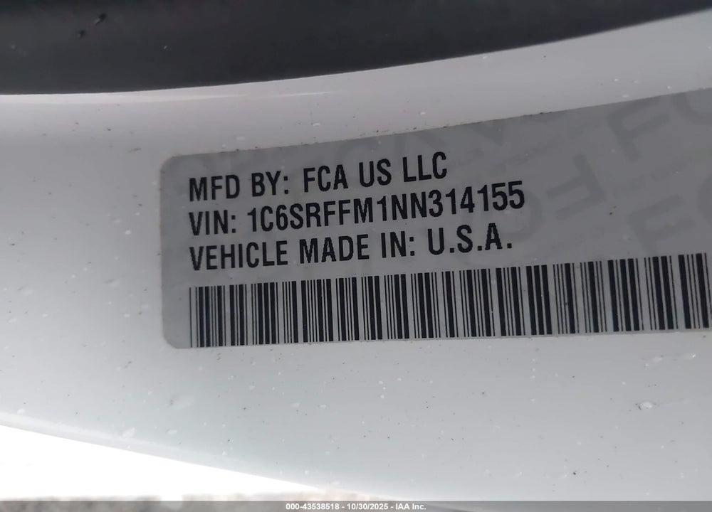 2022 RAM 1500 BIG HORN 4X4 5'7 BOX VIN: 1C6SRFFM1NN314155