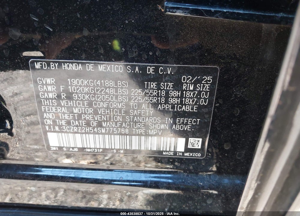 2025 HONDA HR-V AWD SPORT VIN: 3CZRZ2H54SM775758