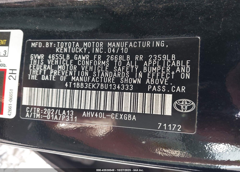 2011 TOYOTA CAMRY HYBRID VIN: 4T1BB3EK7BU134333