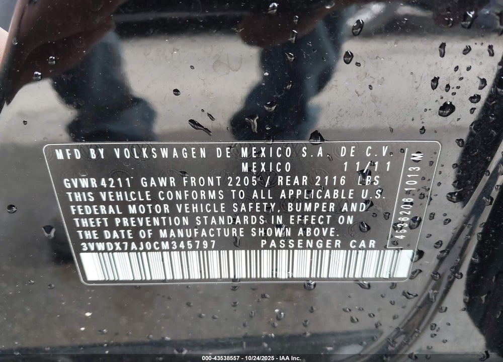 2012 VOLKSWAGEN JETTA 2.5L SE VIN: 3VWDX7AJ0CM345797