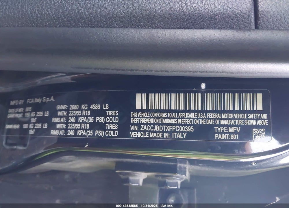 2015 JEEP RENEGADE LIMITED VIN: ZACCJBDTXFPC00395