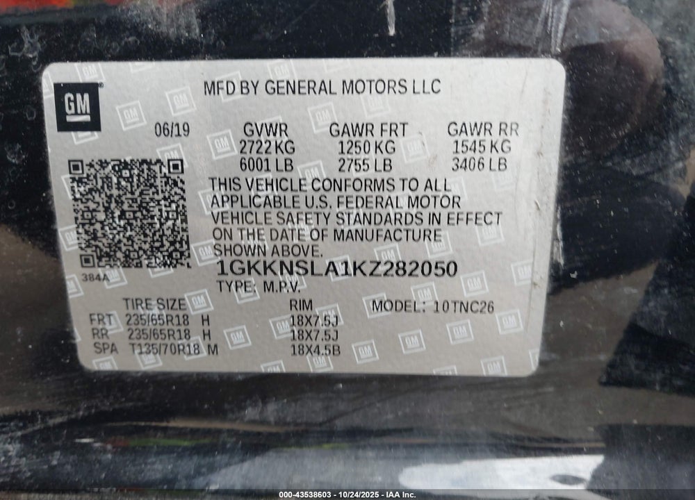 2019 GMC ACADIA SLE-2 VIN: 1GKKNSLA1KZ282050