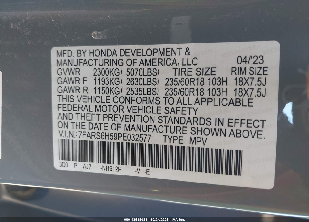 2023 HONDA CR-V HYBRID SPORT VIN: 7FARS6H59PE032577