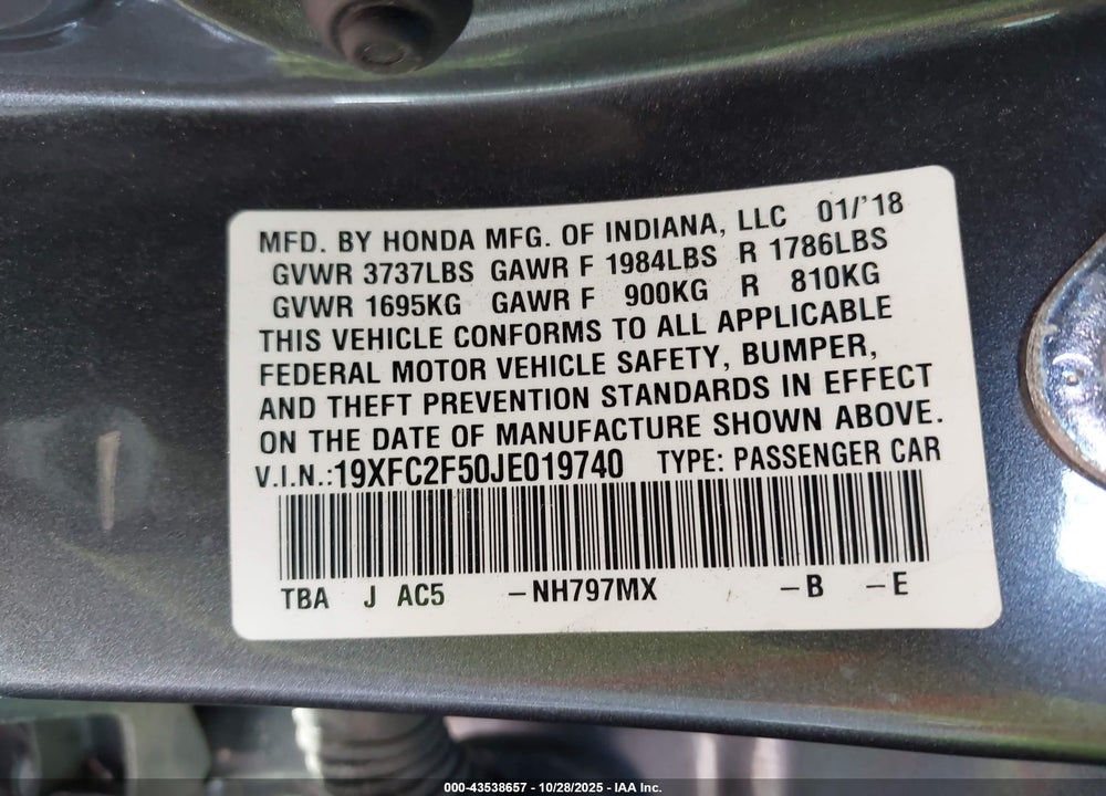 2018 HONDA CIVIC LX VIN: 19XFC2F50JE019740