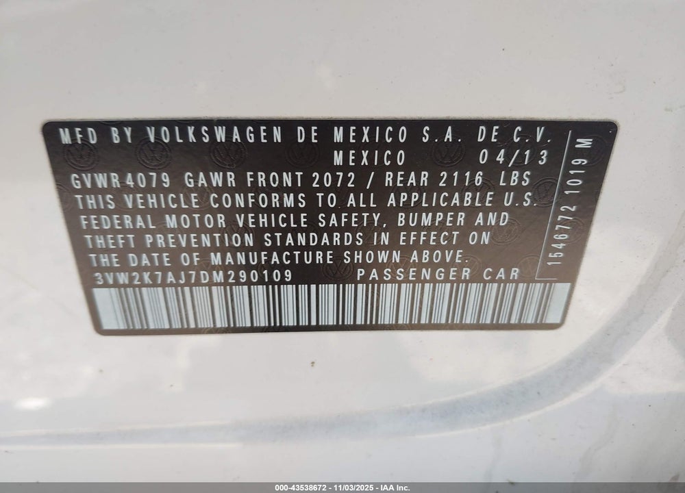 2013 VOLKSWAGEN JETTA VIN: 3VW2K7AJ7DM290109