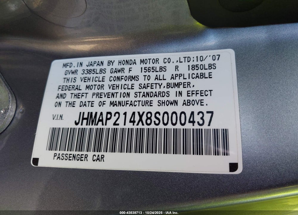2008 HONDA S2000 VIN: JHMAP214X8S000437