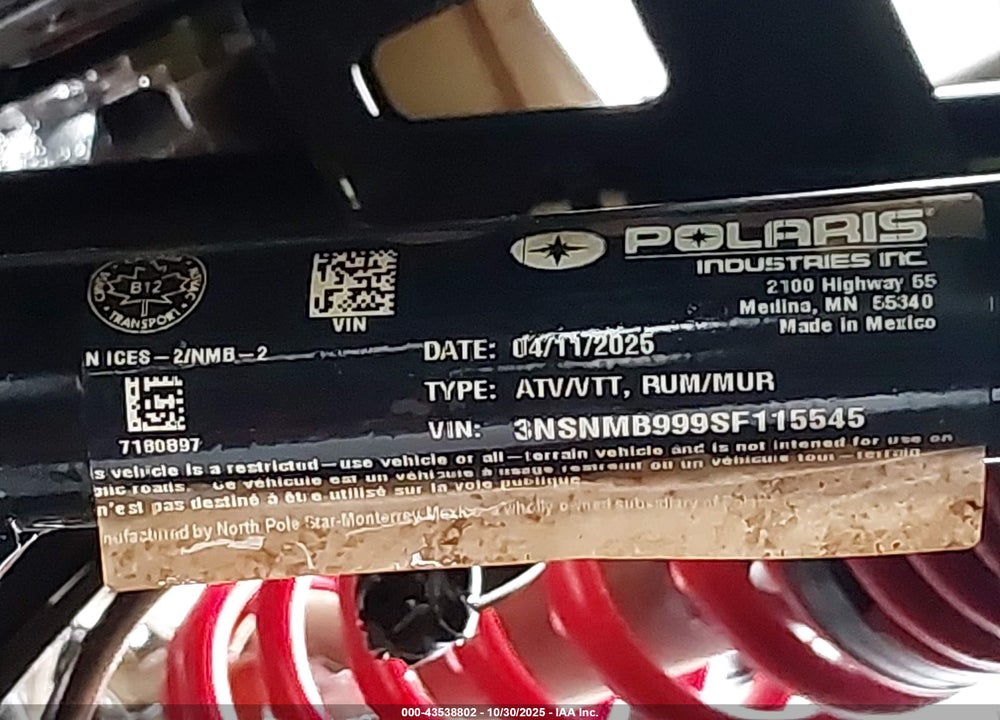 2025 POLARIS RZR XP 4 1000 PREMIUM VIN: 3NSNMB999SF115545