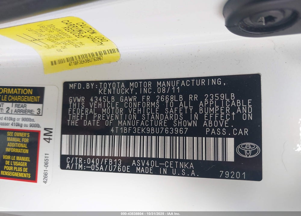 2011 TOYOTA CAMRY VIN: 4T1BF3EK9BU763967