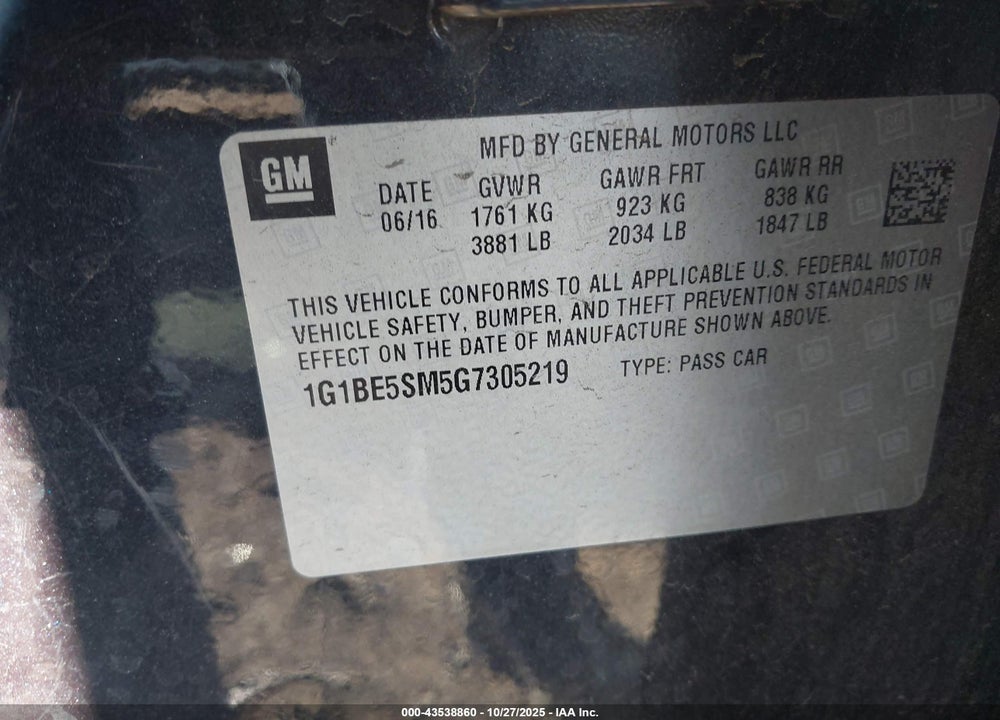 2016 CHEVROLET CRUZE LT AUTO VIN: 1G1BE5SM5G7305219