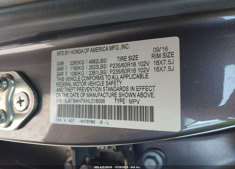 2017 ACURA RDX VIN: 5J8TB4H7XHL018596