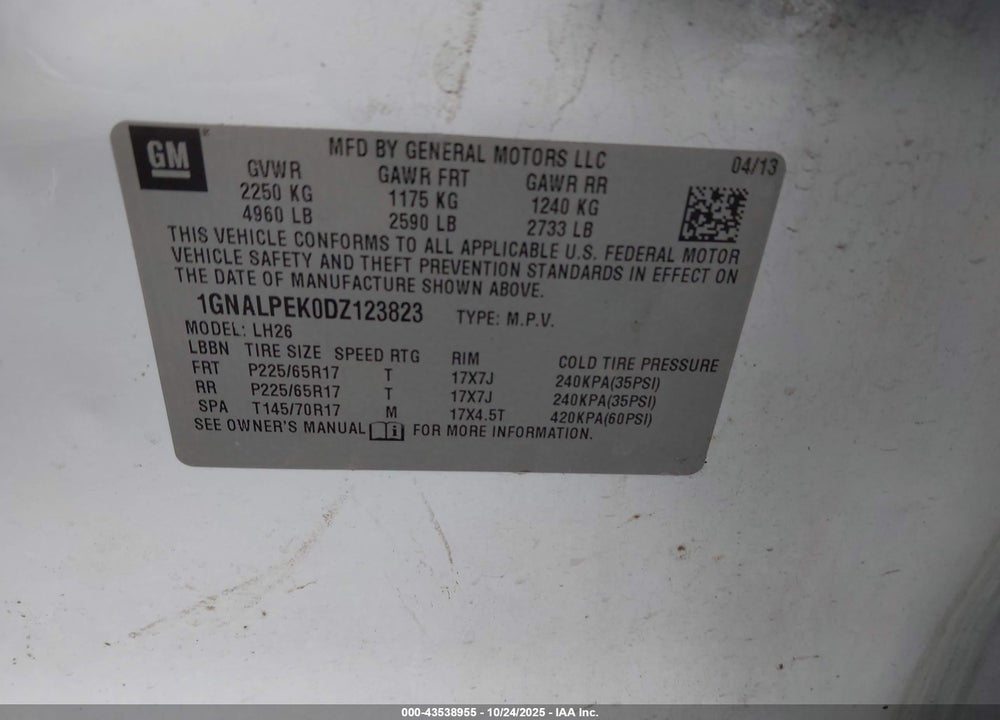 2013 CHEVROLET EQUINOX 2LT VIN: 1GNALPEK0DZ123823