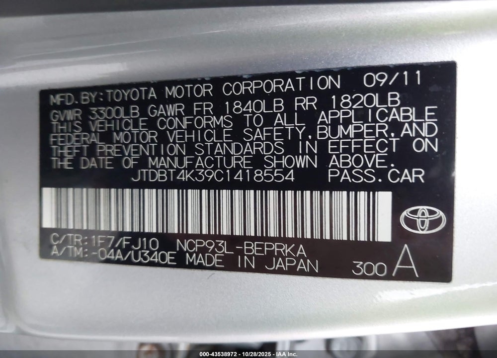 2012 TOYOTA YARIS VIN: JTDBT4K39C1418554