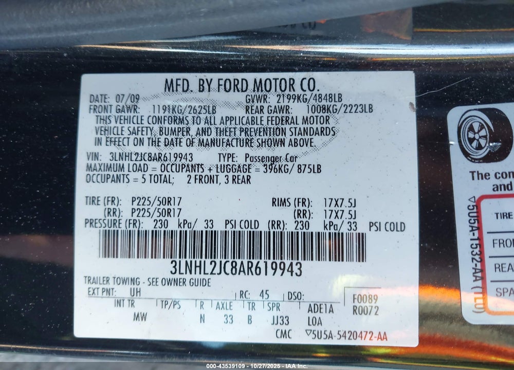 2010 LINCOLN MKZ VIN: 3LNHL2JC8AR619943