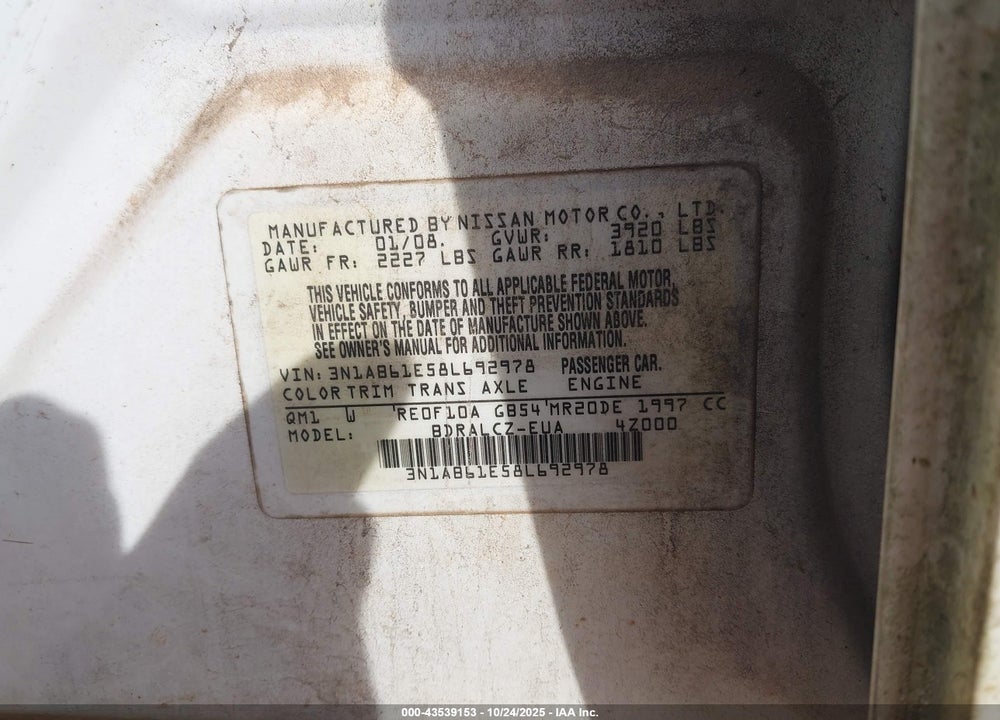 2008 NISSAN SENTRA 2.0 VIN: 3N1AB61E58L692978