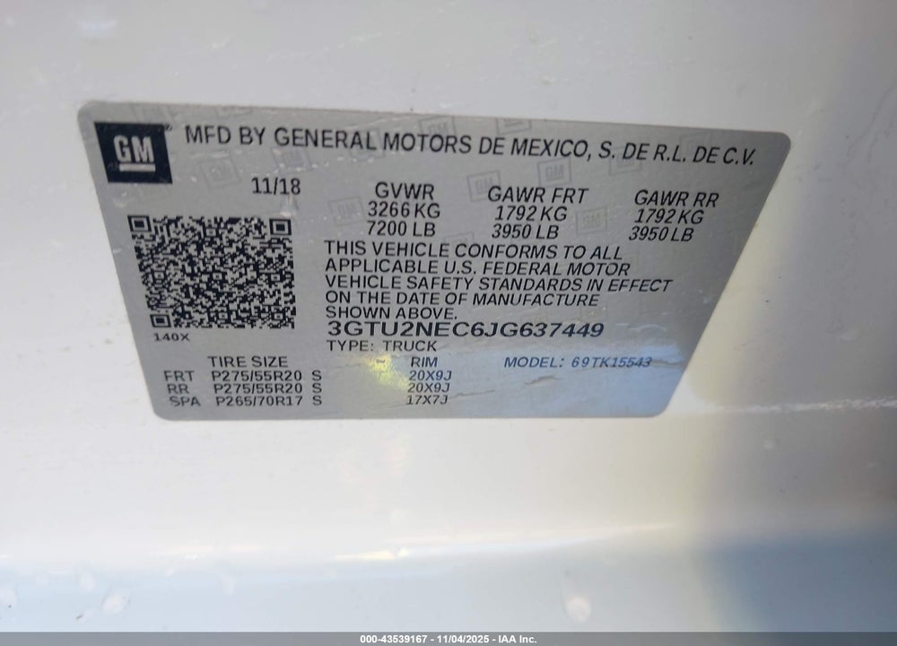 2018 GMC SIERRA 1500 SLT VIN: 3GTU2NEC6JG637449
