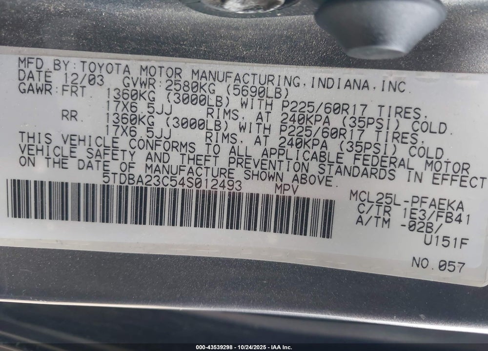 2004 TOYOTA SIENNA LE VIN: 5TDBA23C54S012493