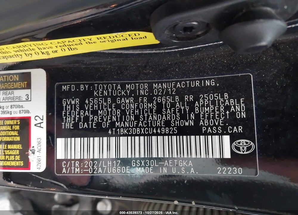 2012 TOYOTA AVALON VIN: 4T1BK3DBXCU449825