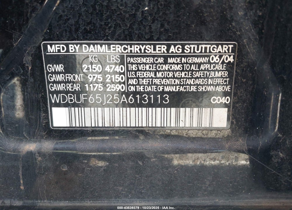 2005 MERCEDES-BENZ E 320 VIN: WDBUF65J25A613113