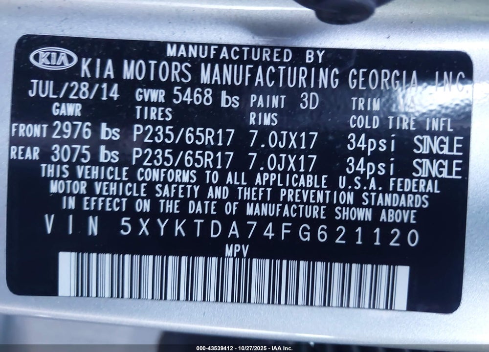 2015 KIA SORENTO LX V6 VIN: 5XYKTDA74FG621120