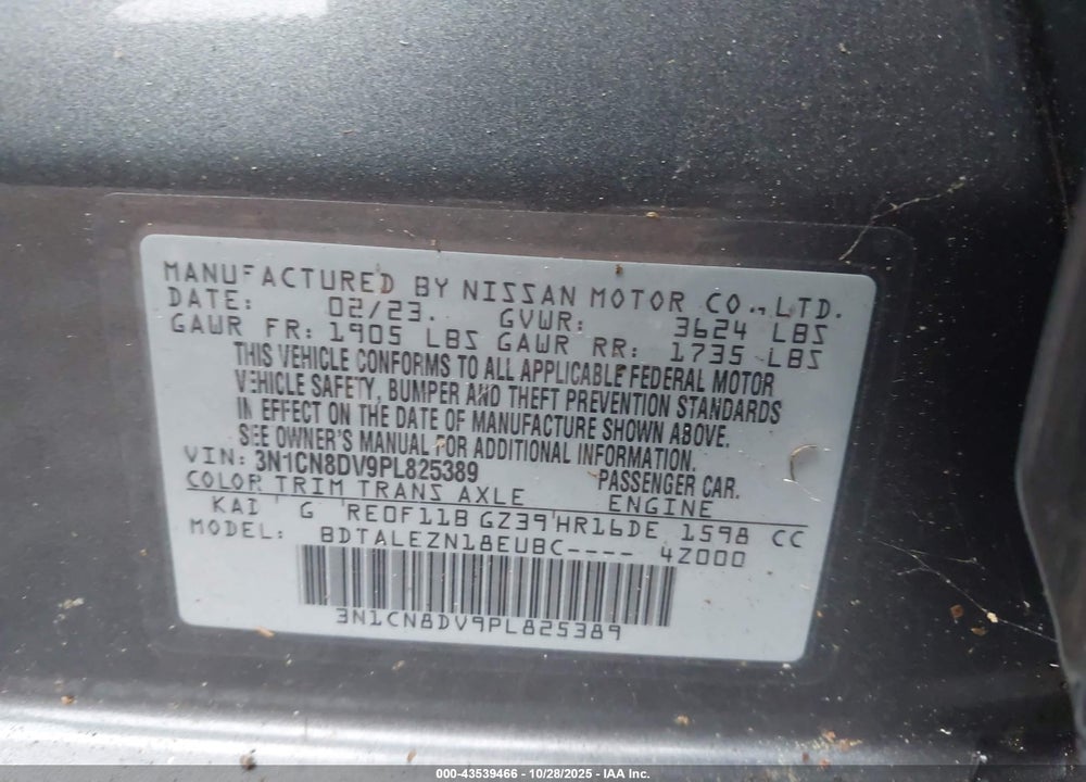2023 NISSAN VERSA 1.6 S XTRONIC CVT VIN: 3N1CN8DV9PL825389