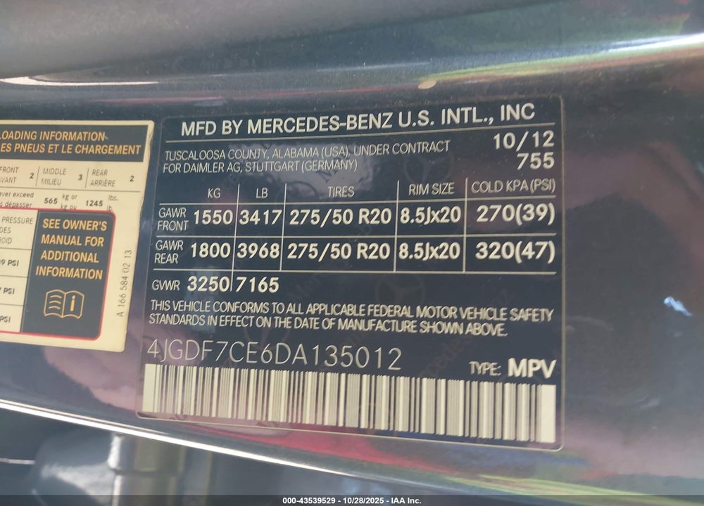 2013 MERCEDES-BENZ GL-CLASS VIN: 4JGDF7CE6DA135012
