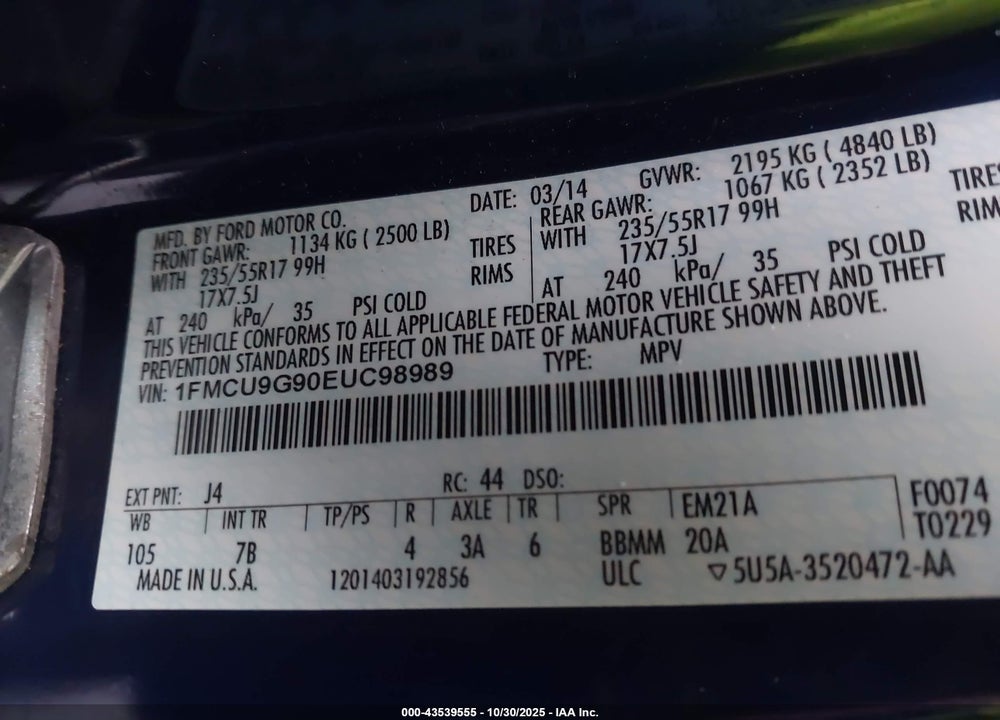 2014 FORD ESCAPE VIN: 1FMCU9G90EUC98989