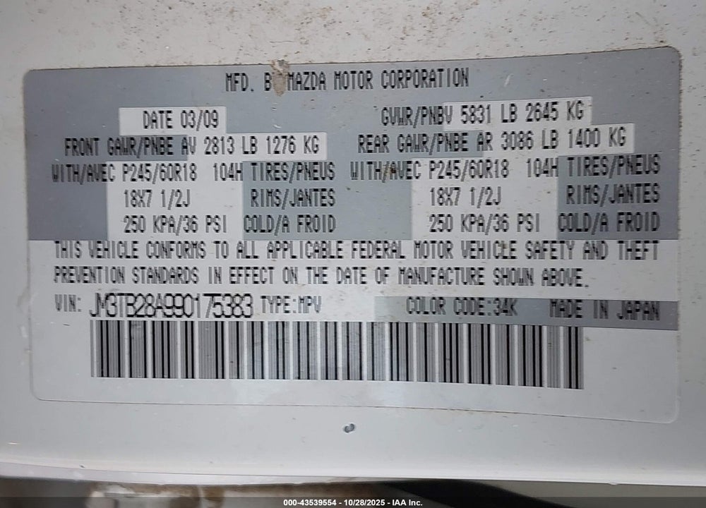 2009 MAZDA CX-9 SPORT VIN: JM3TB28A990175383