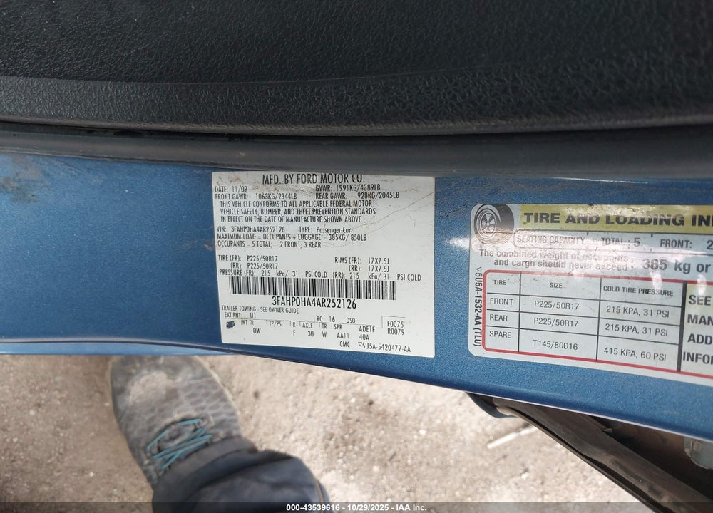 2010 FORD FUSION SE VIN: 3FAHP0HA4AR252126