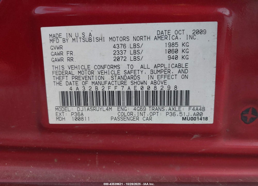 2010 MITSUBISHI GALANT VIN: 4A32B2FF7AE008298