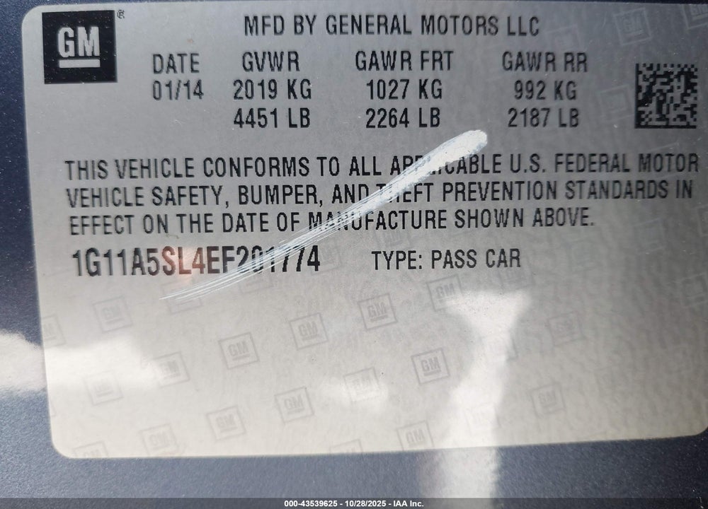 2014 CHEVROLET MALIBU 1FL VIN: 1G11A5SL4EF201774