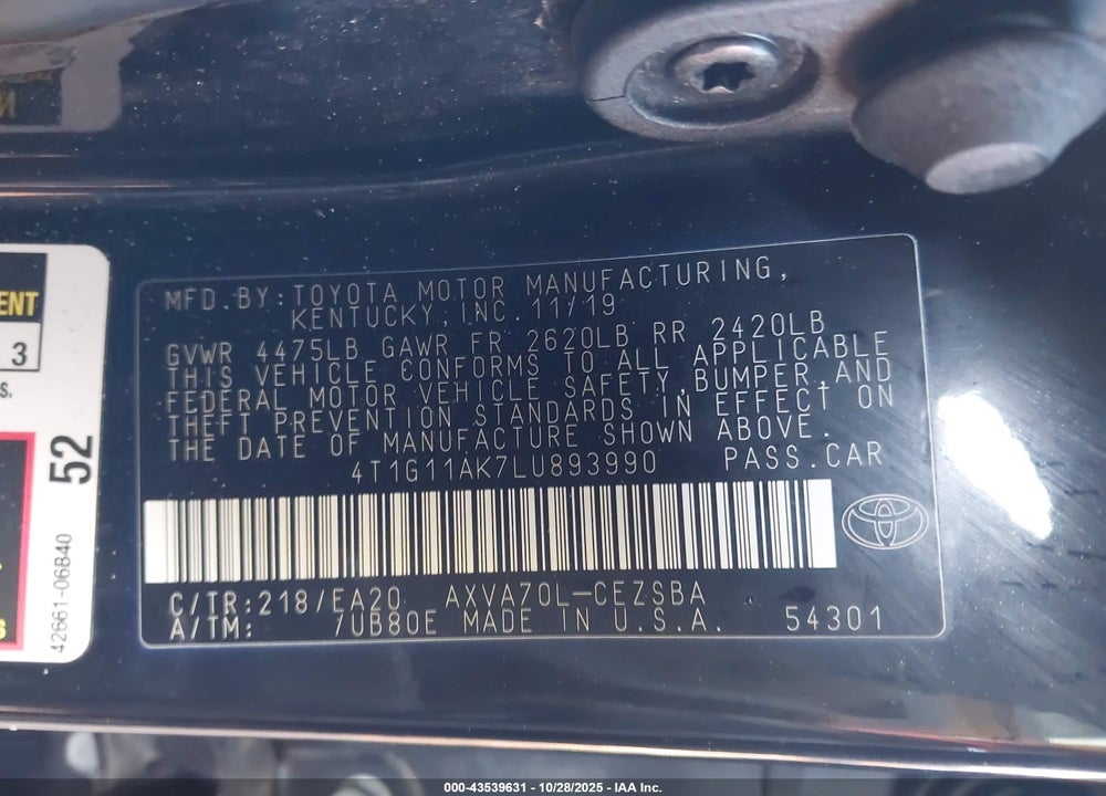 2020 TOYOTA CAMRY SE VIN: 4T1G11AK7LU893990