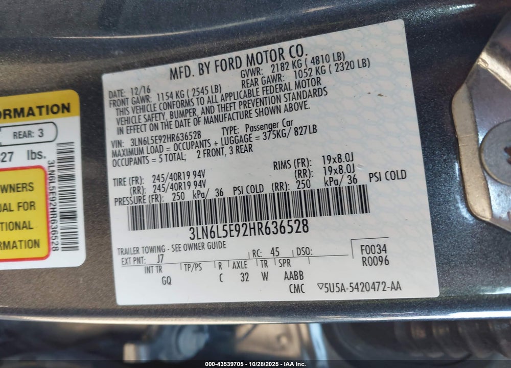2017 LINCOLN MKZ RESERVE VIN: 3LN6L5E92HR636528